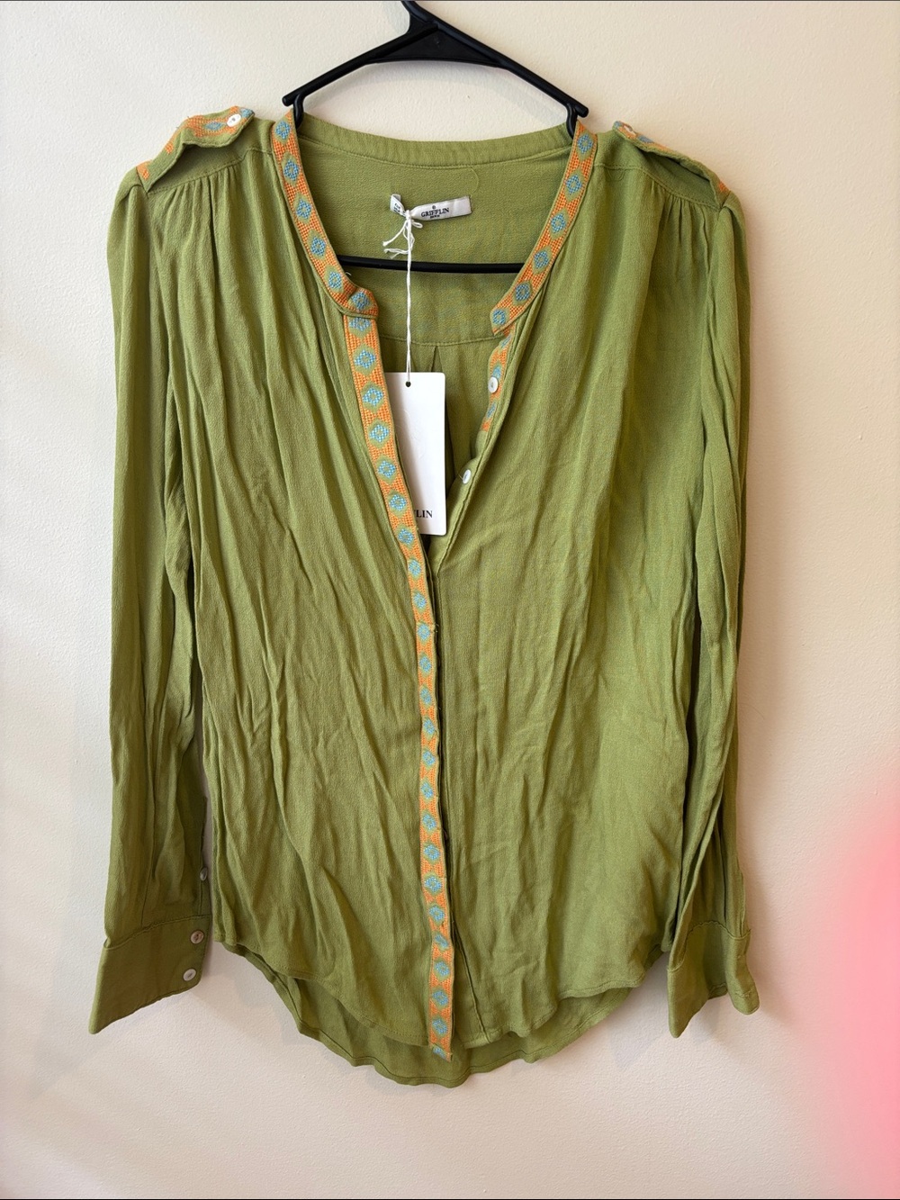 Olive Green Embroidered-Trim Long Sleeve Blouse